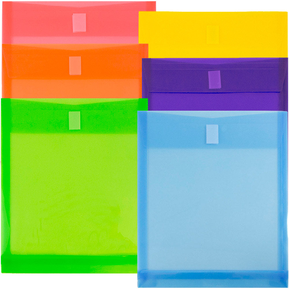 JAM Paper Open-End Plastic Envelopes, 9-3/4in x 11-3/4in, Hook & Loop Closure, Assorted Colors, Pack Of 6 Envelopes