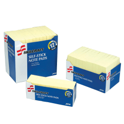 SKILCRAFT Self-Stick Notes, 3in x 3in, Yellow, 100 Sheets, 12 Pads