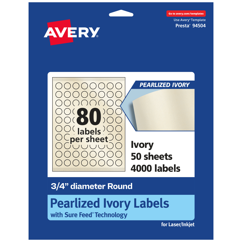Avery Pearlized Permanent Labels With Sure Feed, 94504-PIP50, Round, 3/4in Diameter, Ivory, Pack Of 4,000 Labels