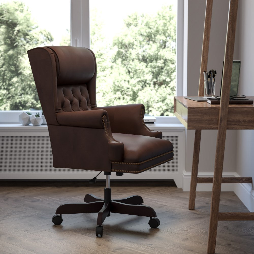 Flash Furniture Traditional Tufted Ergonomic LeatherSoft Faux Leather High-Back Swivel Chair, Brown