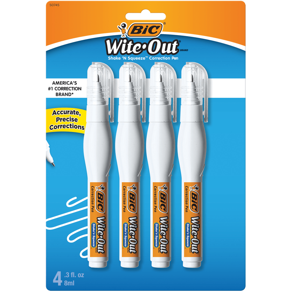 BIC Wite-Out Shake N Squeeze Correction Pen, 8 ml, Pack Of 4