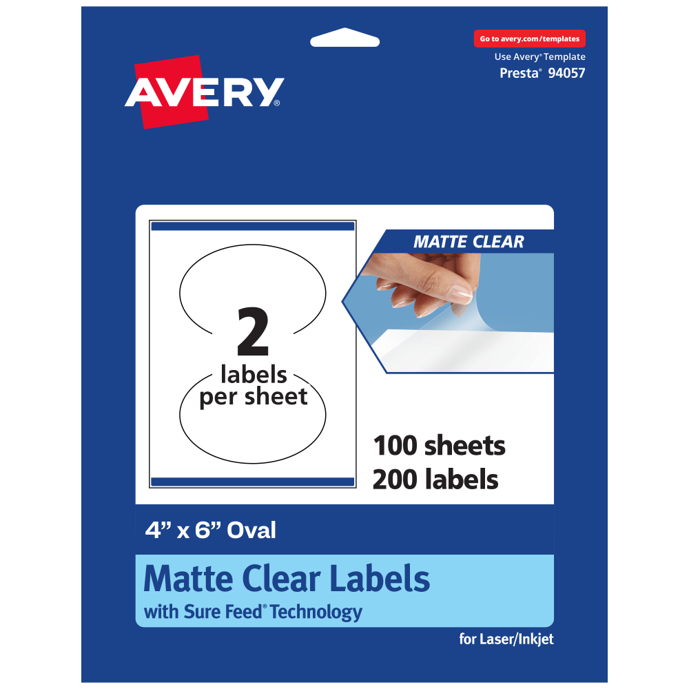 Avery Permanent Labels With Sure Feed, 94057-CMF100, Oval, 4in x 6in, Matte Clear, Pack Of 200
