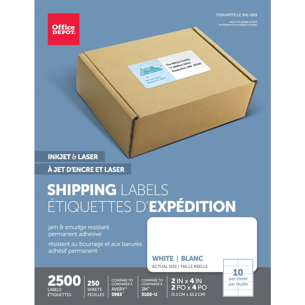 Office Depot Brand Inkjet/Laser Shipping Labels, Rectangle, 2in x 4in, White, Pack Of 2500