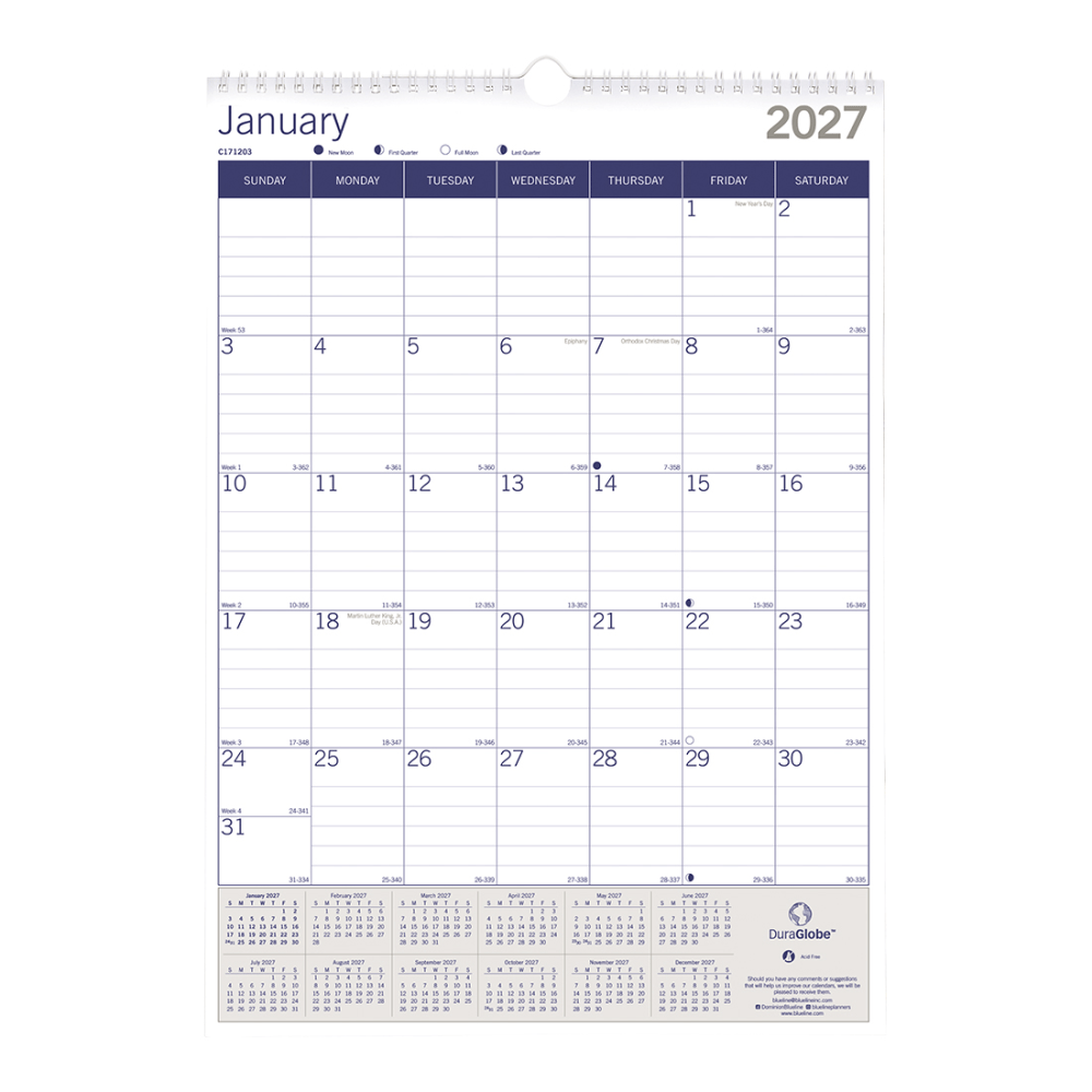 2027 Blueline DuraGlobe Monthly Wall Calendar, 12in x 17in, Blue/White, January To December, C171203, Total Qty 1
