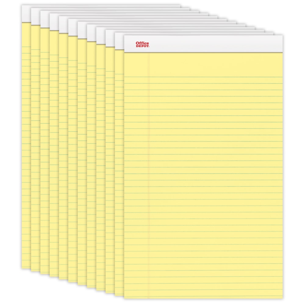 Office Depot Brand Writing Pads, 8-1/2in x 14in, Legal/Wide Ruled, 50 Sheets, Canary, Pack Of 12 Pads