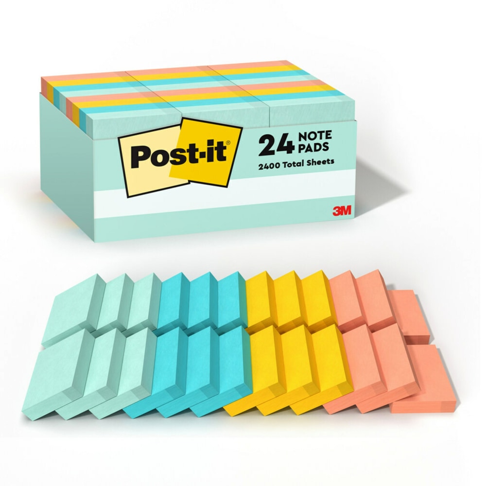 Post-it Notes, 1 3/8 x 1 7/8 in, 24 Sticky Note Pads, 100 Sheets/Pad, Clean Removal, Back to School Supplies and Office Supplies, Beachside Cafe