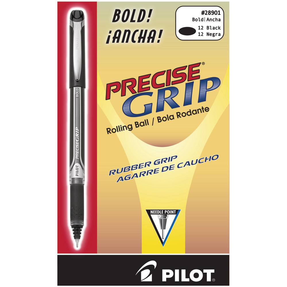 Pilot Precise Grip Liquid Ink Rollerball Pens, Bold Point, 1.0 mm, Black Metallic Barrel, Black Ink, Pack Of 12 Pens