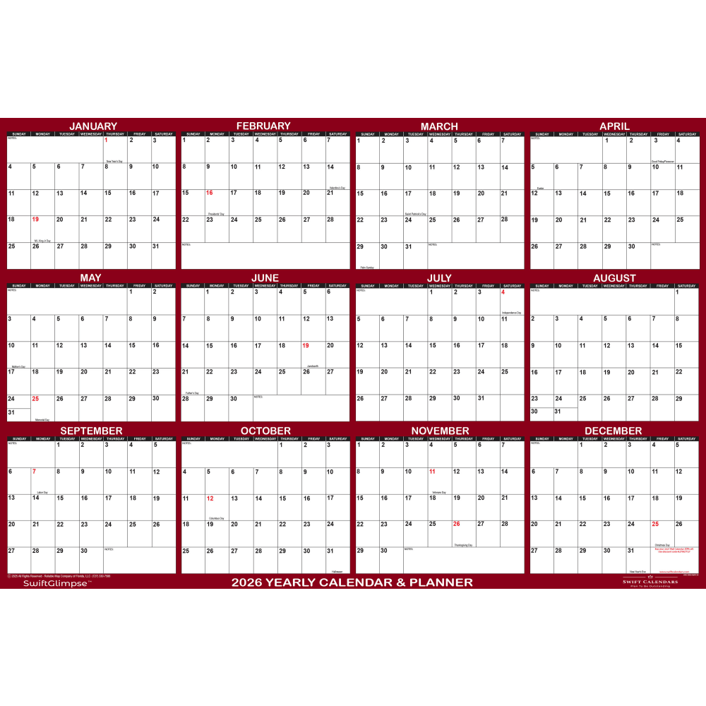 2026 SwiftGlimpse Yearly Erasable Wall Calendar, 36in x 54in, White/Maroon, January To December