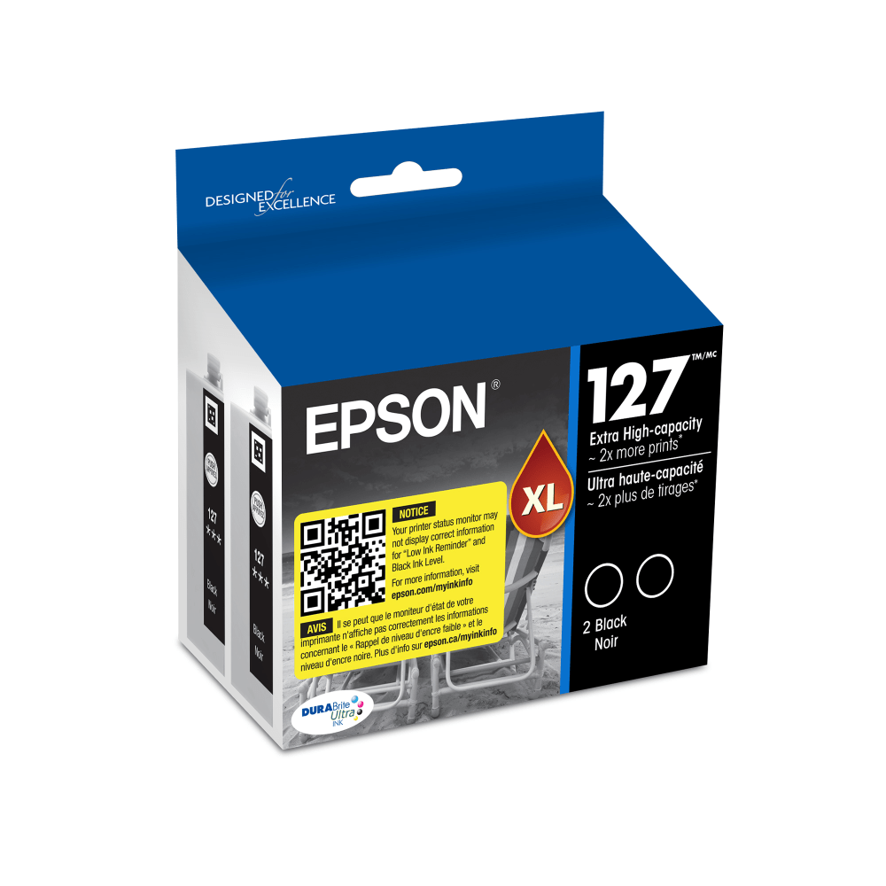 Epson 127 DuraBrite Black Extra-High-Yield Ink Cartridges, Pack Of 2, T127120-D2