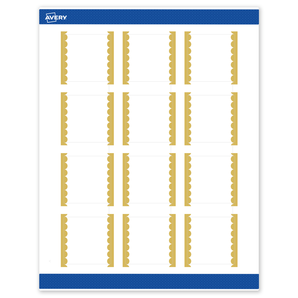 Avery Print-To-The-Edge Labels & Sure Feed, S00-DK1-PRWMP10, 2in x 2in, Matte White, Preprinted Gold Dots Edge Design, Pack Of 120