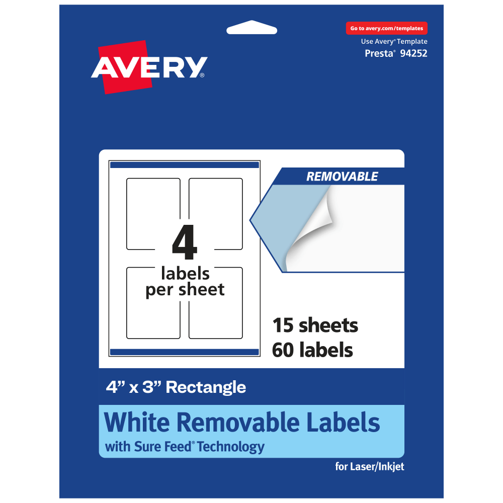 Avery Removable Labels With Sure Feed, 94252-RMP15, Rectangle, 4in x 3in, White, Pack Of 60 Labels