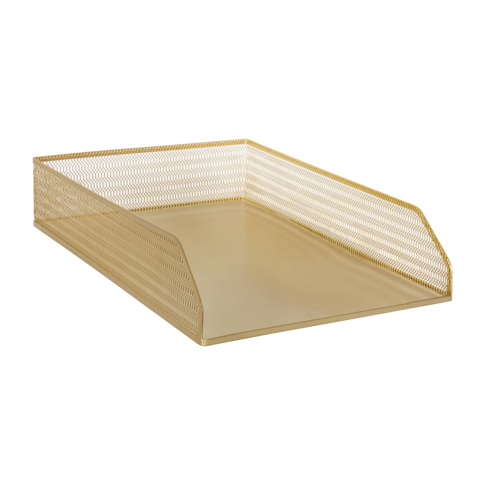 Martha Stewart Ryder Mesh Metal Paper Letter Inbox Tray Desktop Organizers, 2-3/4inH x 9-1/2inW x 13-3/4inD, Gold, Pack Of 2 Organizers