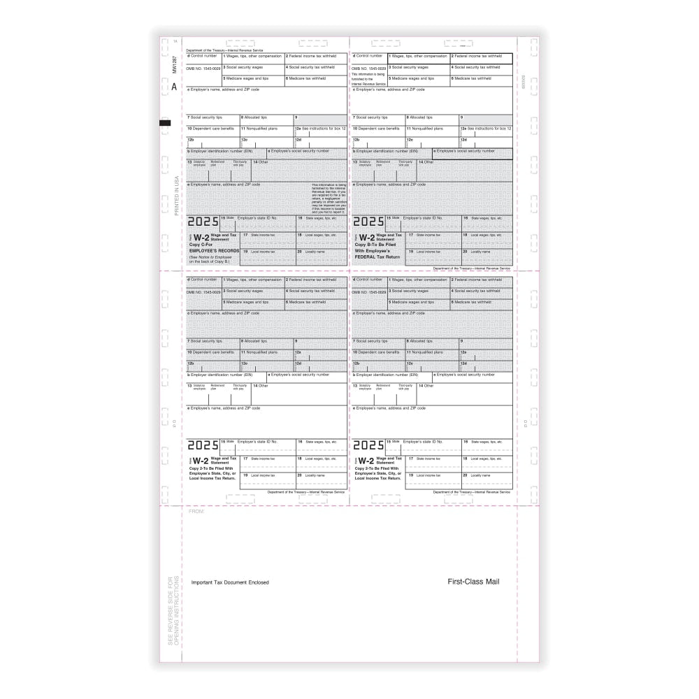 ComplyRight W-2 Tax Forms, Employee's Copy B, C, 2 Or Extra Copy, 4-Up (Box), EZ-Fold Duplex, 14in, Pack Of 500 Forms