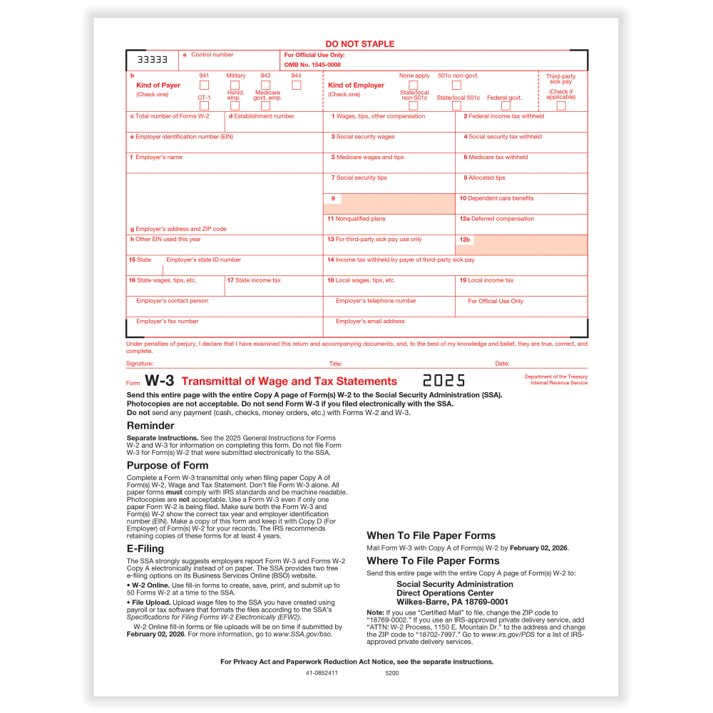ComplyRight W-3 Transmittal Tax Forms, 1-Part, 8-1/2in x 11in, Pack Of 50 Forms, 52005025