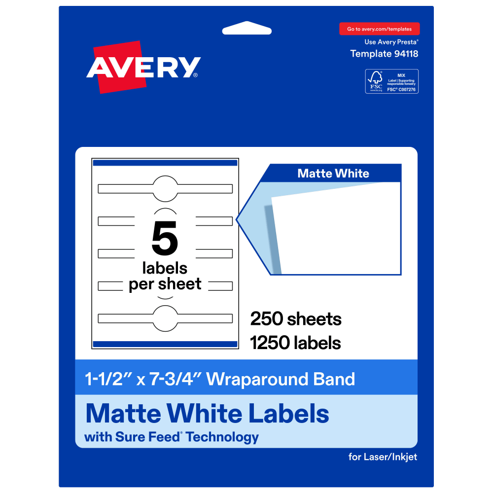 Avery Permanent Labels With Sure Feed, 94118-WMP250, Cigar, 1-1/2in x 7-3/4in, White, Pack Of 1,250