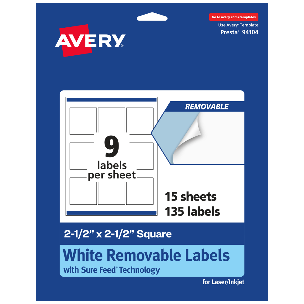 Avery Removable Labels With Sure Feed, 94104-RMP15, Square, 2-1/2in x 2-1/2in, White, Pack Of 135 Labels