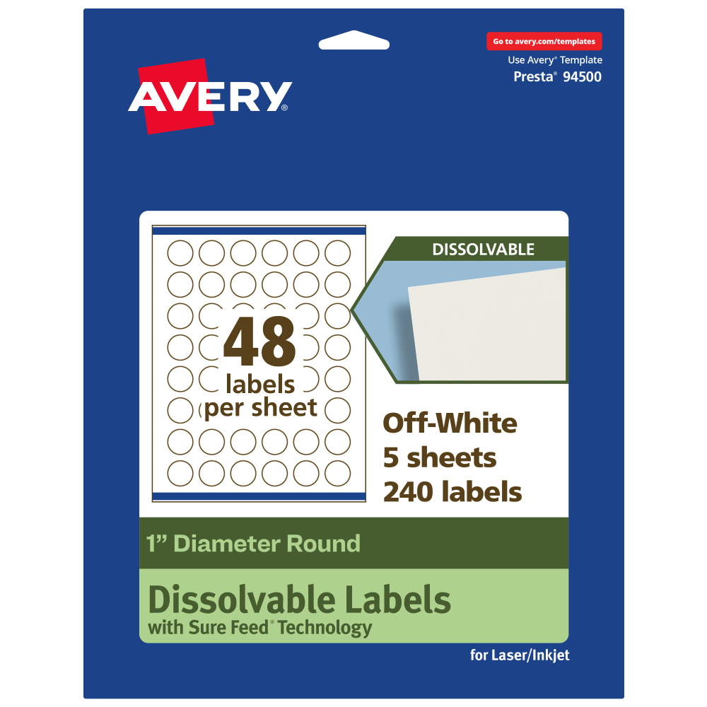 Avery Print-to-the-Edge Dissolvable Labels With Sure Feed Technology, 94500-DWMP5, Round, 1in, Matte Off-White, Pack Of 240