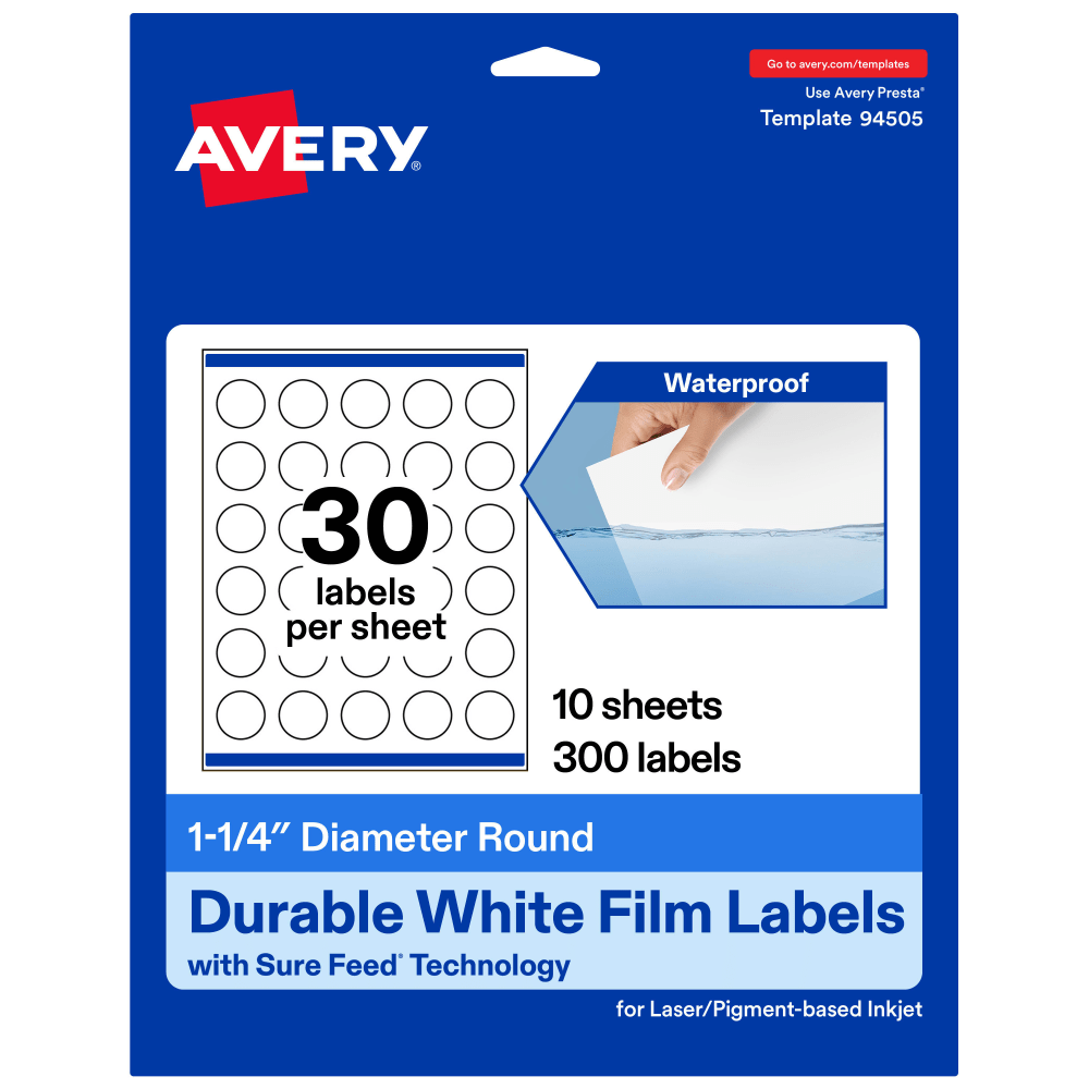 Avery Waterproof Permanent Labels With Sure Feed, 94505-WMF10, Round, 1-1/4in Diameter, White, Pack Of 300