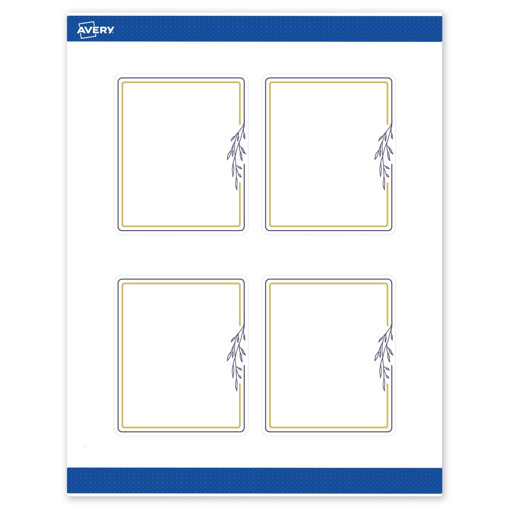 Avery Print-To-The-Edge Labels & Sure Feed, S00-DNF-PRWMP10, 4in x 3-1/3in, Matte White, Preprinted Gold & Navy Border & Floral Design, Pack Of 40