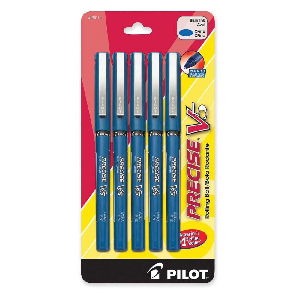 Pilot Precise V5 Liquid Ink Rollerball Pens, Extra Fine Point, 0.5 mm, Blue Barrel, Blue Ink, Pack Of 5 Pens