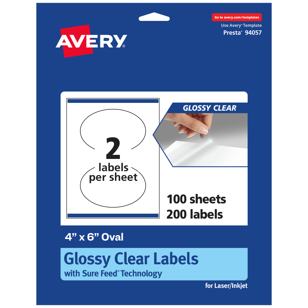 Avery Glossy Permanent Labels With Sure Feed, 94057-CGF100, Oval, 4in x 6in, Clear, Pack Of 200