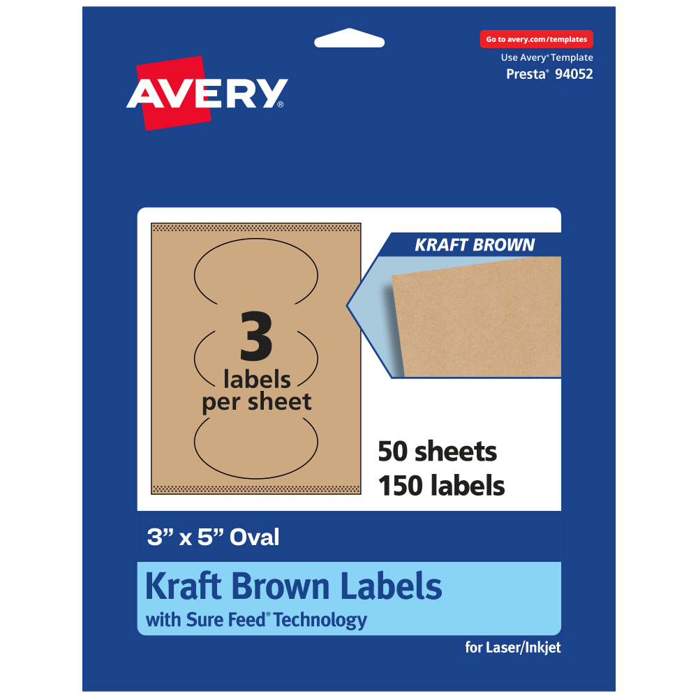 Avery Kraft Permanent Labels With Sure Feed, 94052-KMP50, Oval, 3in x 5in, Brown, Pack Of 150