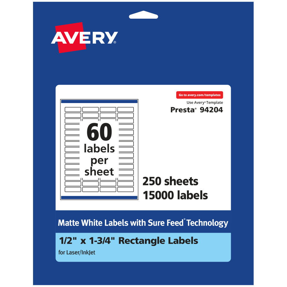 Avery Permanent Labels With Sure Feed, 94204-WMP250, Rectangle, 1/2in x 1-3/4in, White, Pack Of 15,000