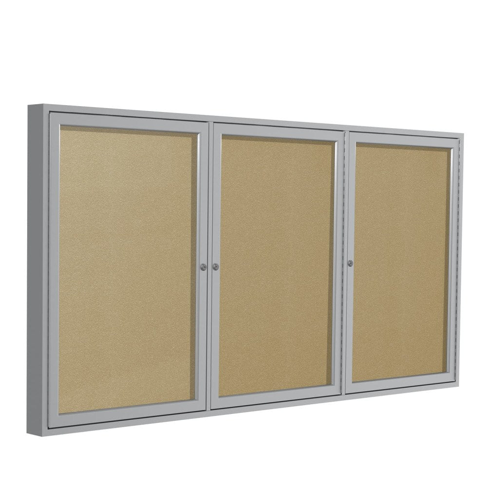 Ghent 3 Door Enclosed Vinyl Bulletin Board, Satin Aluminum Frame, 36inH x 72inW, Caramel