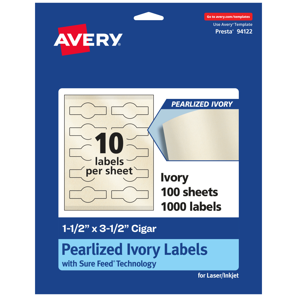 Avery Pearlized Permanent Labels With Sure Feed, 94122-PIP100, Cigar, 1-1/2in x 3-1/2in, Ivory, Pack Of 1,000 Labels