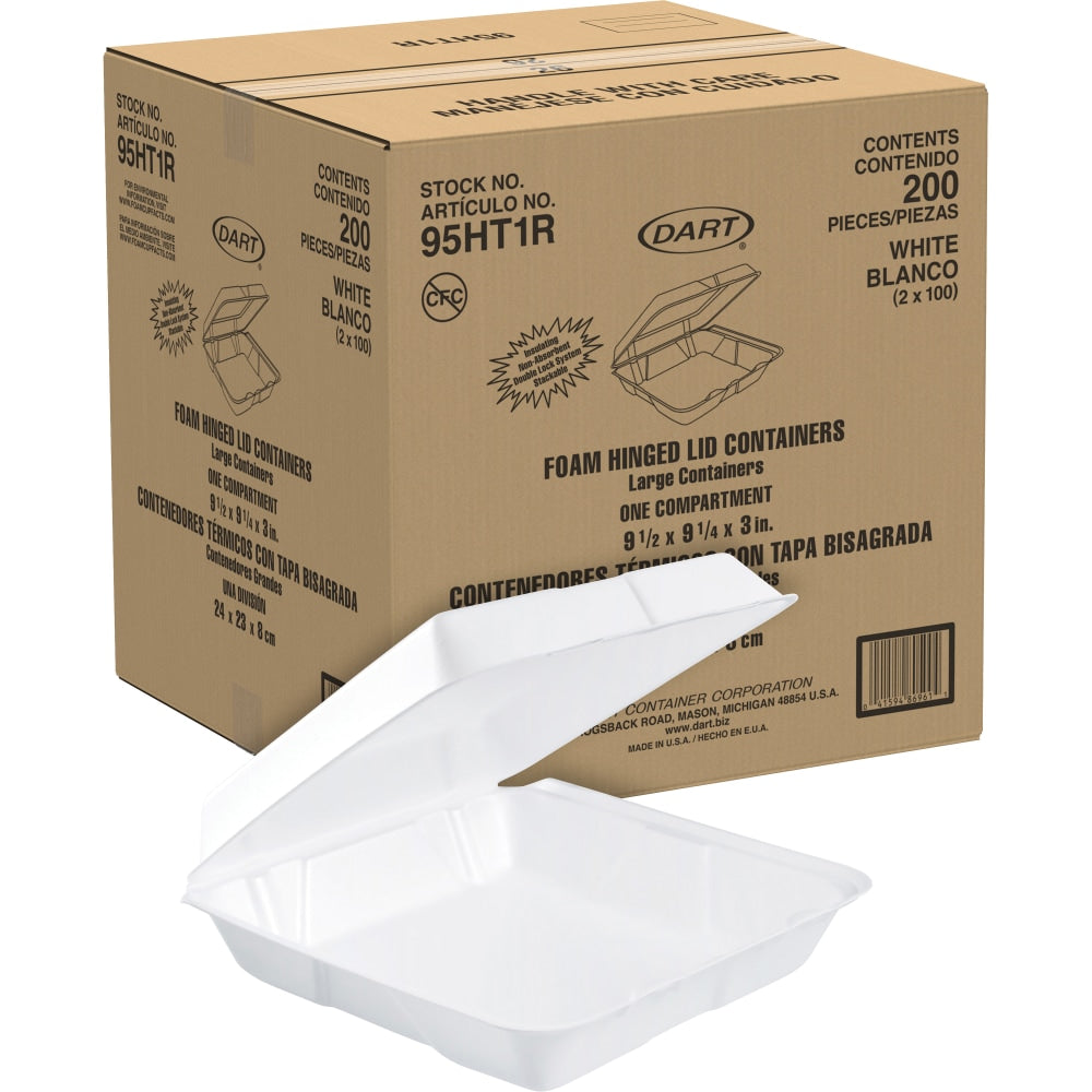 Dart Carryout Food Containers, Foam-Hinged, 1 Compartment, 9 1/2in x 9 1/4in x 3in, White, Pack Of 200