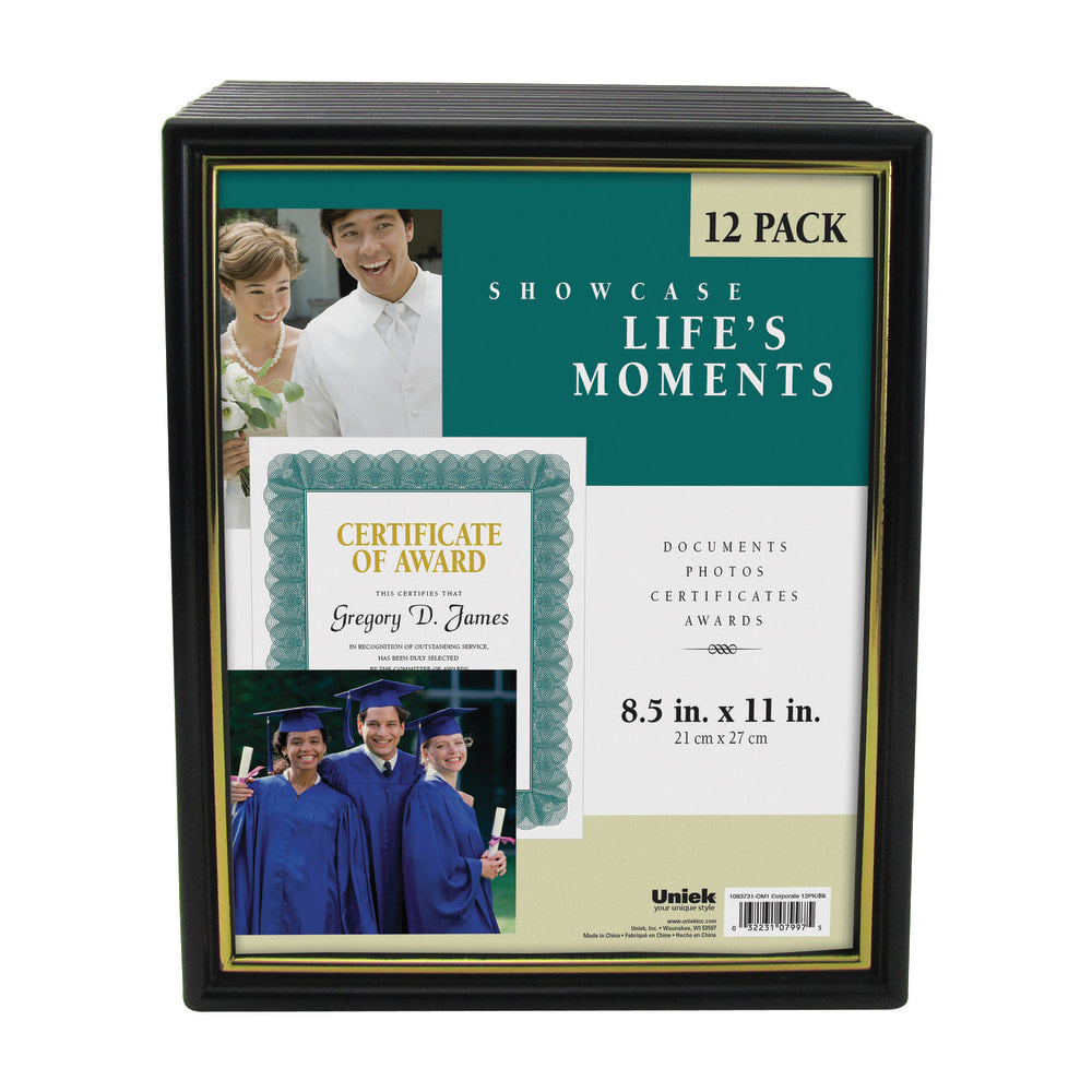 Uniek Corporate Document Frames, 8 1/2in x 11in, Black/Gold, Pack Of 12
