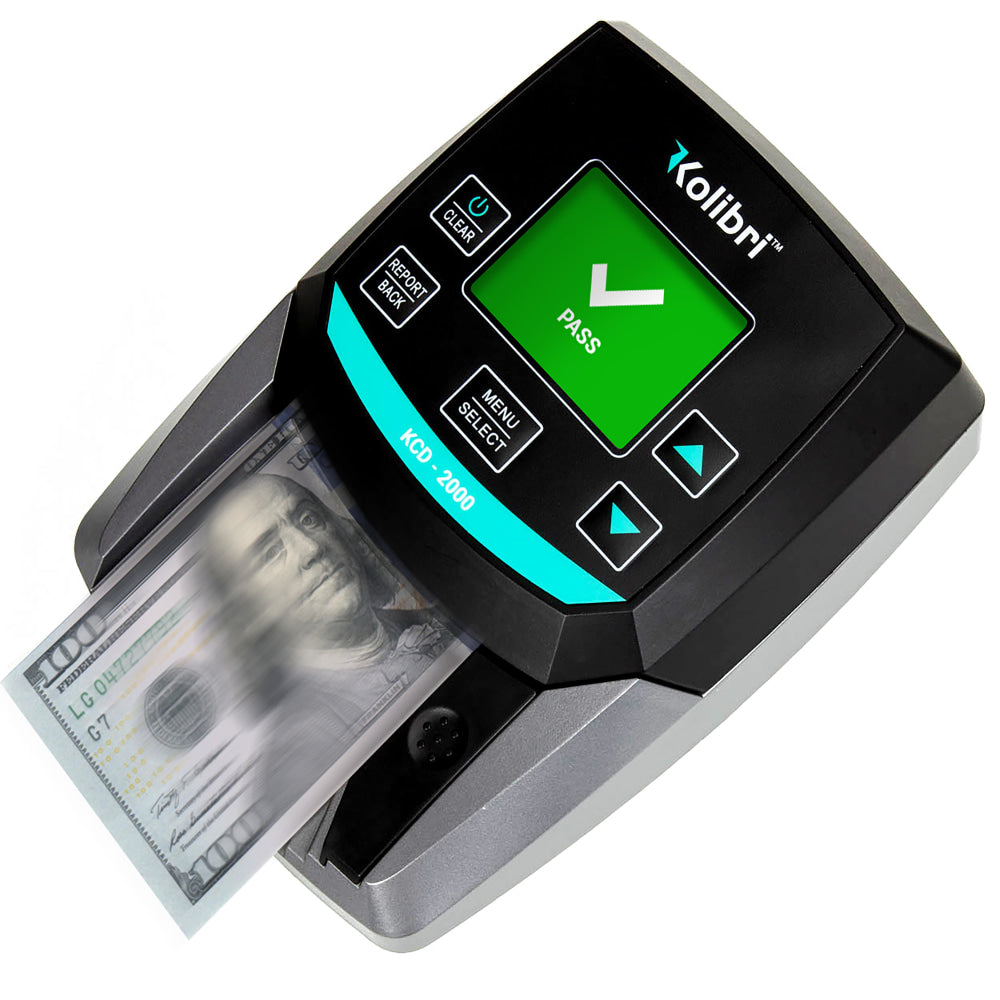 Kolibri KCD-2000 Advanced Counterfeit Bill Detector With 4-Way Bill Insertion, 5inH x 5inW x 5inD, Black/Gray