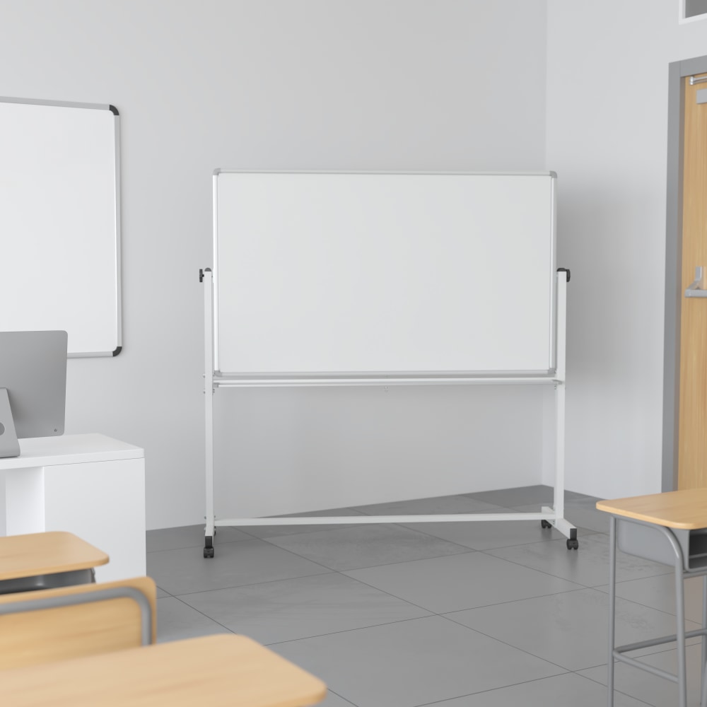 Flash Furniture HERCULES Series Double-Sided Mobile White Board With Pen Tray, 54-3/4inH x 45-1/4inW x 20inD, White, Gray Frame