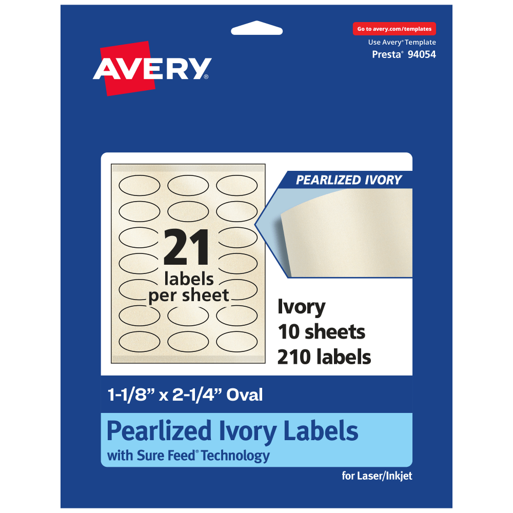 Avery Pearlized Permanent Labels With Sure Feed, 94054-PIP10, Oval, 1-1/8in x 2-1/4in, Ivory, Pack Of 210 Labels