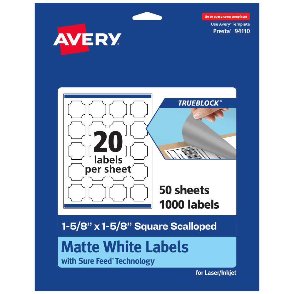 Avery Print-To-The-Edge TrueBlock Labels With Sure Feed, 94110-TWMP50, Square Scalloped, 1-5/8in x 1-5/8in, Matte White, Pack Of 1000