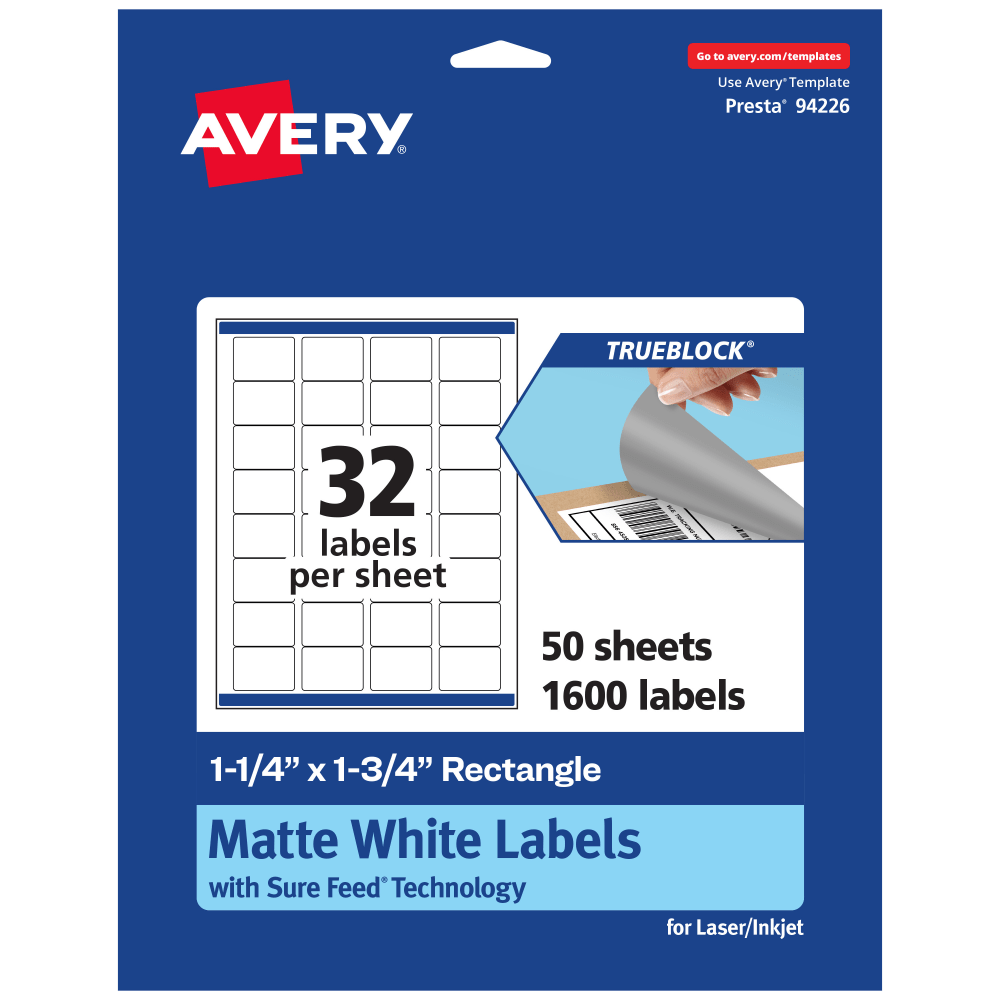 Avery TrueBlock Labels With Sure Feed, 94226-TWMP50, Rectangle, 1-1/4in x 1-3/4in, Matte White, Pack Of 1600