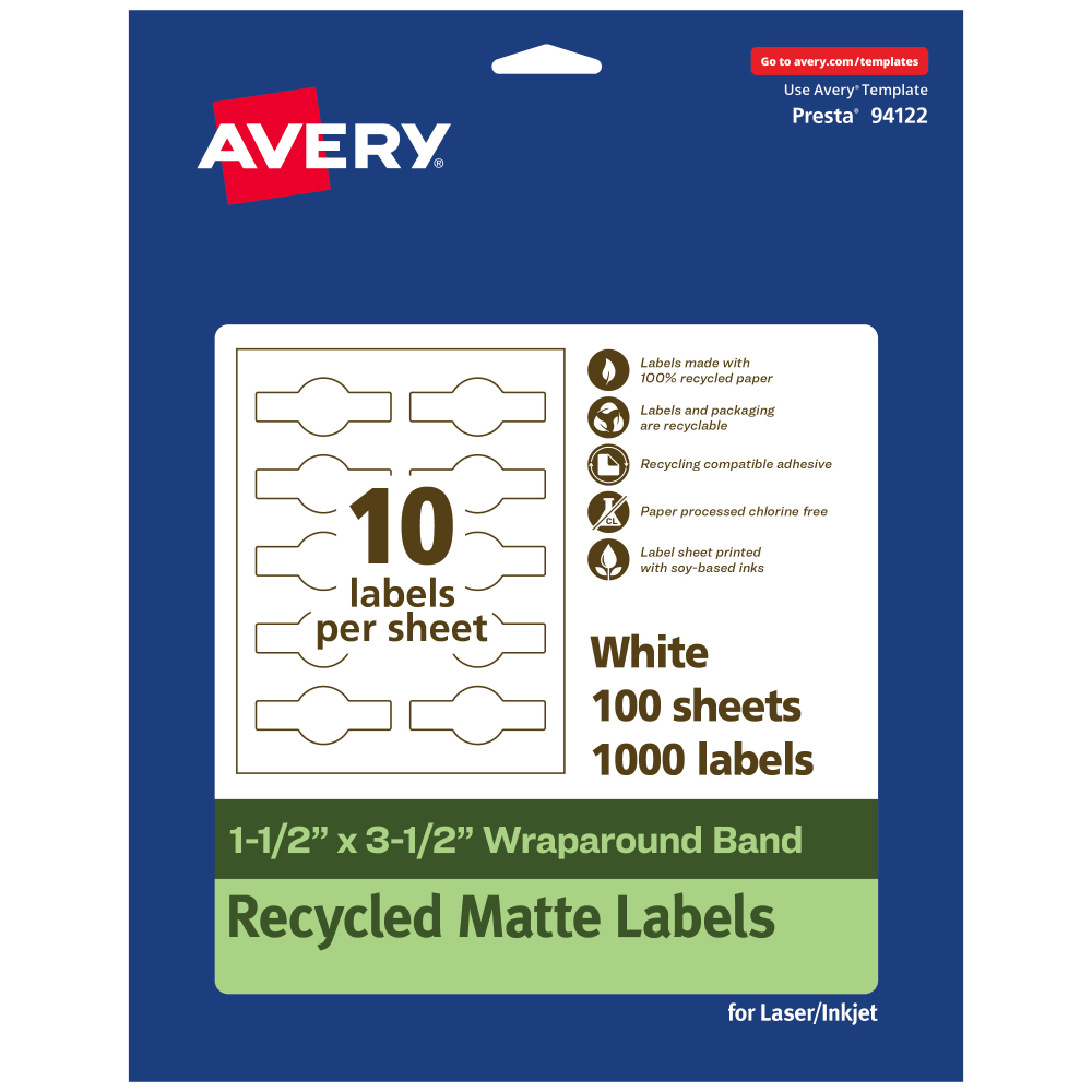 Avery Recycled Paper Labels, 94122-EWMP100, Cigar, 1-1/2in x 3-1/2in, White, Pack Of 1000
