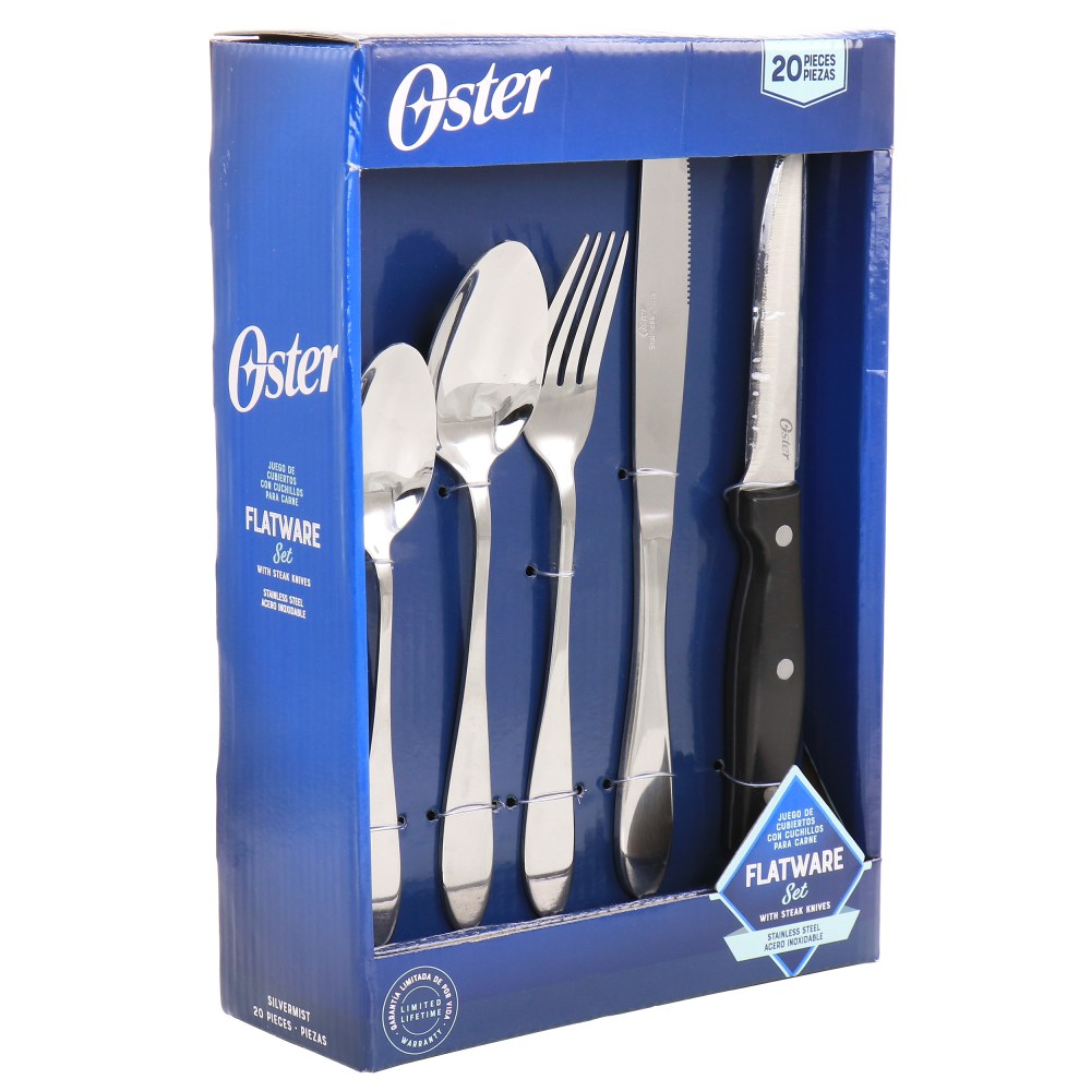 Oster Silvermist 20-Piece Stainless Steel Flatware Set With Steak Knives, Silver