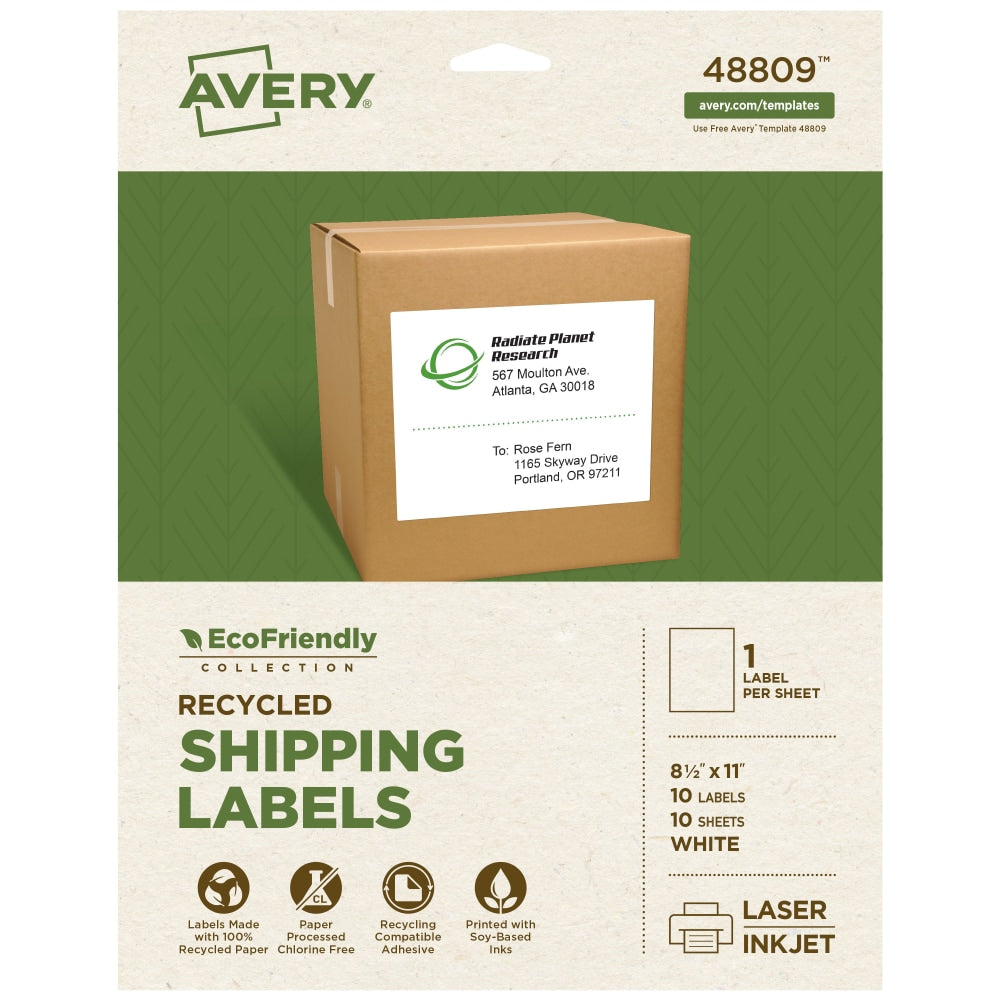 Avery EcoFriendly Recycled Labels, Rectangle, 8-1/2in x 11in, Matte White, Pack Of 10