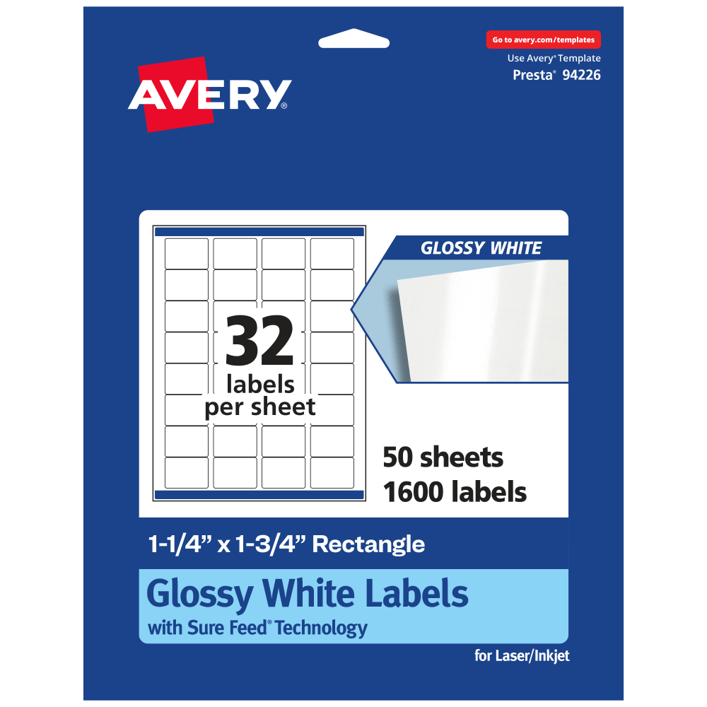 Avery Glossy Permanent Labels With Sure Feed, 94226-WGP50, Rectangle, 1-1/4in x 1-3/4in, White, Pack Of 1,600