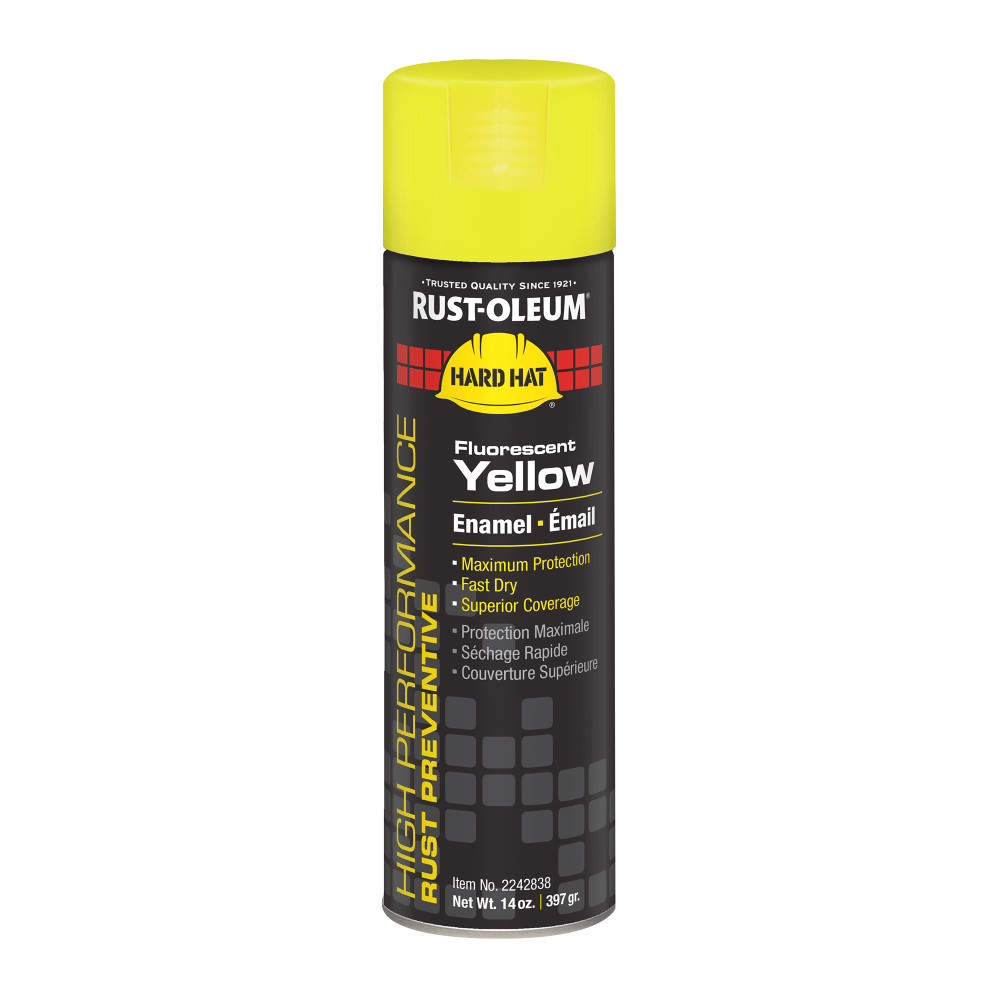 Rust-Oleum Hard Hat High Performance V2100 System Rust Preventive Enamel Spray Paint, 14 Oz, Gloss Fluorescent Yellow, Case Of 6 Cans