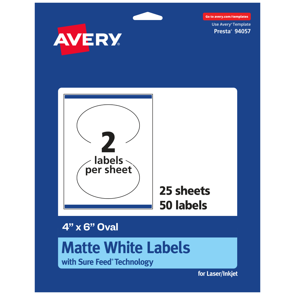 Avery Permanent Labels With Sure Feed, 94057-WMP25, Oval, 4in x 6in, White, Pack Of 50