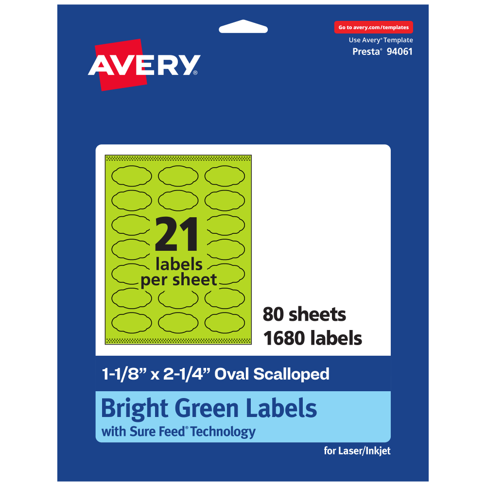 Avery Print-To-The-Edge Labels With Sure Feed Technology And Easy Peel Label Feature, 94061-BGP80, Matte Bright Green, Pack of 1680