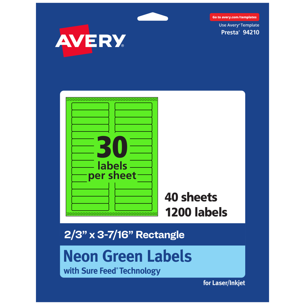 Avery Printable Labels With Sure Feed Technology, 94210-NGP40, Rectangle, 2/3in x 3-7/16in, Matte Neon Green, Pack of 1200