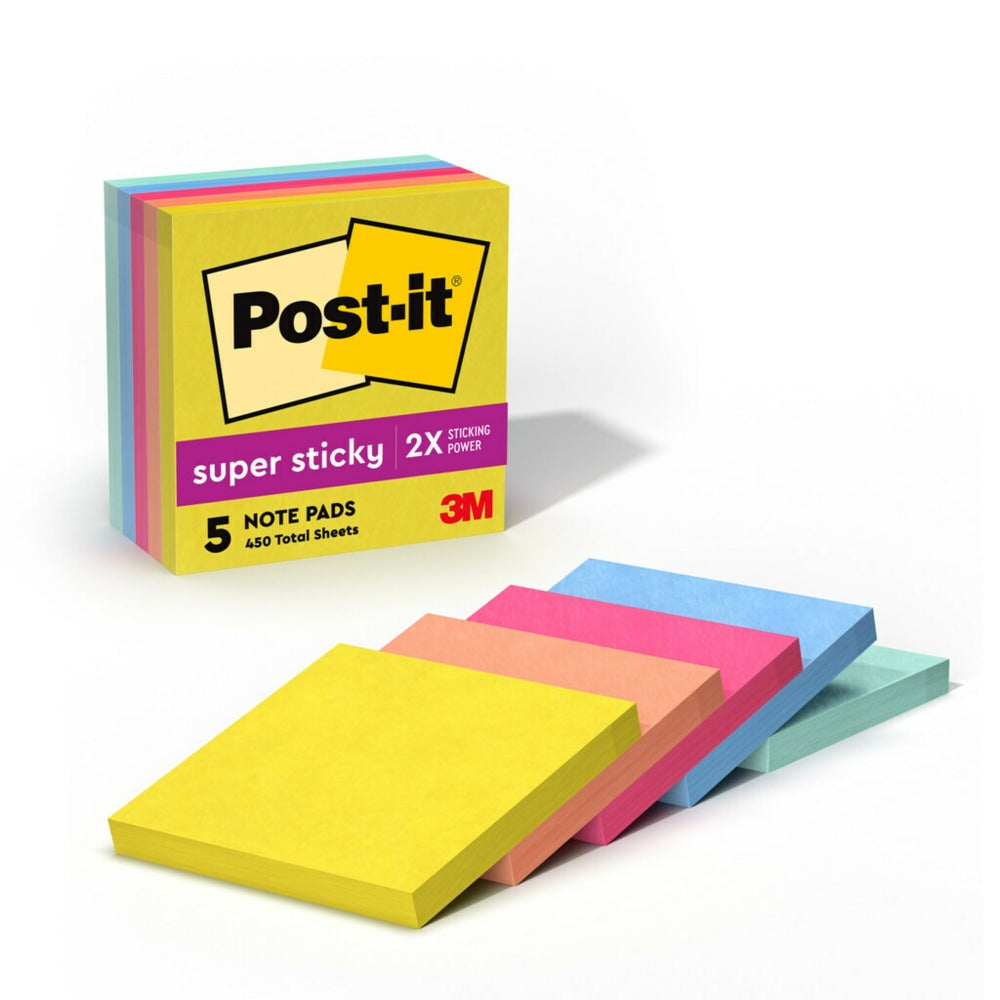 Post-it Super Sticky Notes, 3 x 3 in, 5 Sticky Note Pads, 90 Sheets/Pad, 2X the Sticking Power, School Supplies and Office Products, Summer Joy