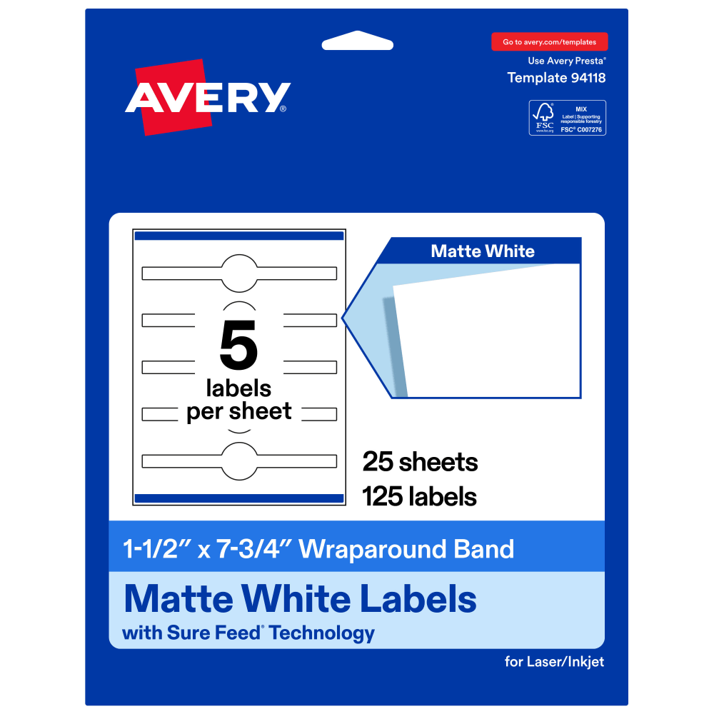 Avery Permanent Labels With Sure Feed, 94118-WMP25, Cigar, 1-1/2in x 7-3/4in, White, Pack Of 125