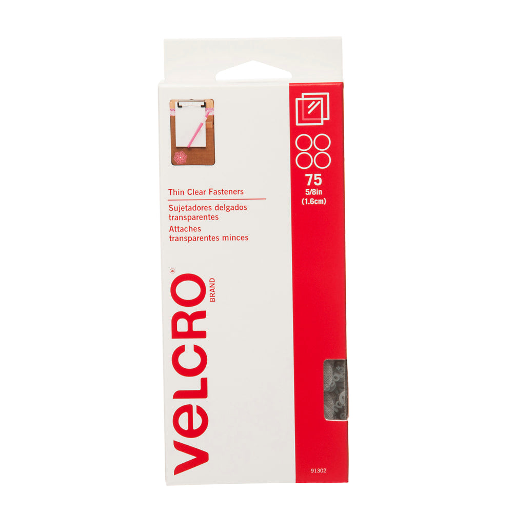 VELCRO Brand Self Stick Round Fasteners, Hook, Clear, 5/8in Diameter, Box Of 75