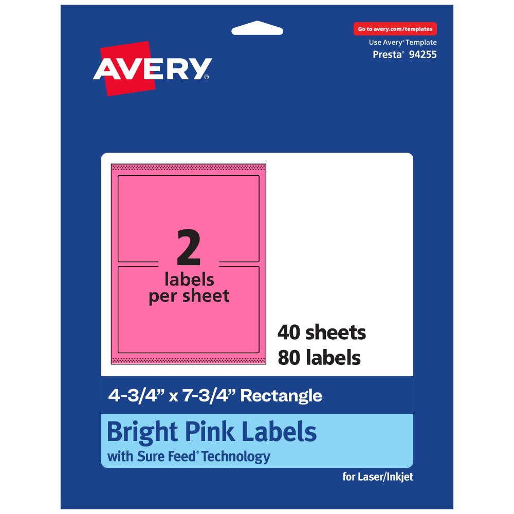Avery Print-To-The-Edge Labels With Sure Feed Technology And Easy Peel, 94255-BPP40, Rectangle, 4-3/4in x 7-3/4in, Matte Bright Pink, Pack of 80