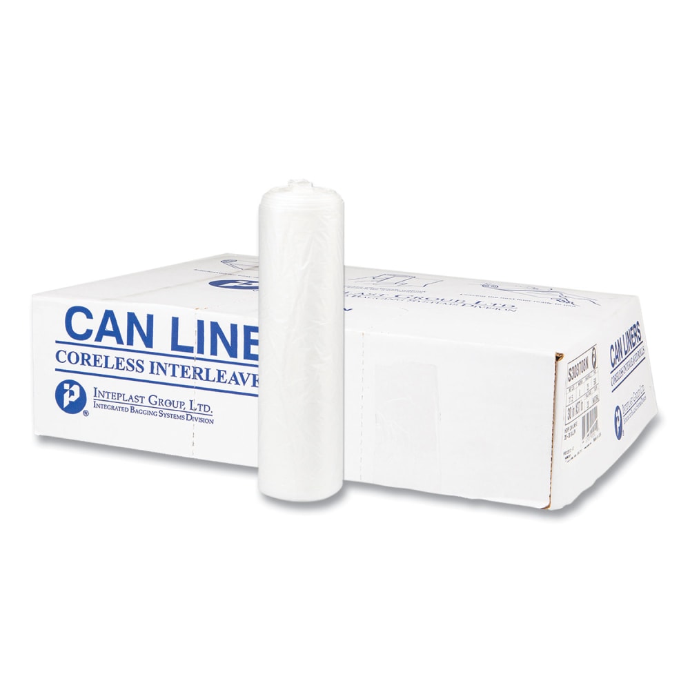 Interplast Group High Density Commercial Can Liners, 30 gal, 0.31 mil, 8 mic, 30in x 37in, Clear, Interleaved Roll, 25 Bags/Roll, 20 Rolls/Carton