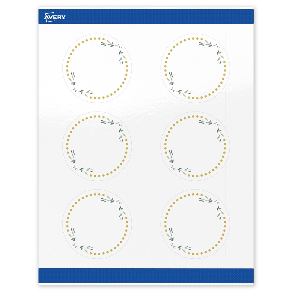 Avery Print-To-The-Edge Labels & Sure Feed, S00-DN4-PRWGP10, 3in Round, Glossy White, Preprinted Green Floral & Gold Dots Design, Pack Of 60